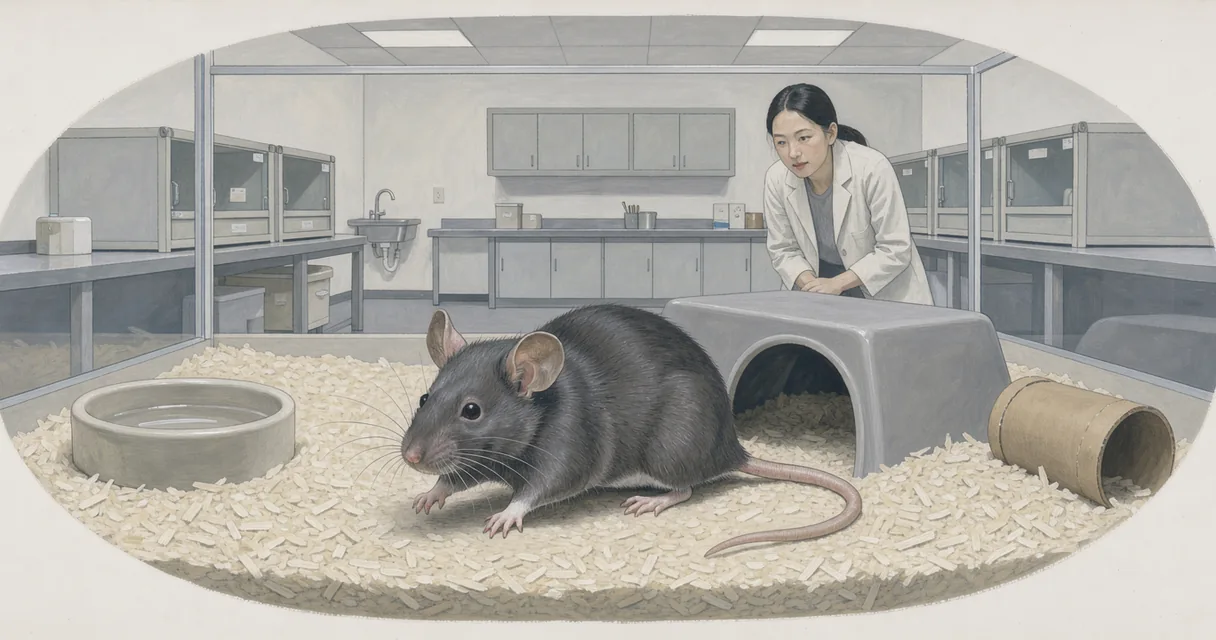 Illustration of a dark mouse beside a nesting shelter, with an observer in a bright animal research room