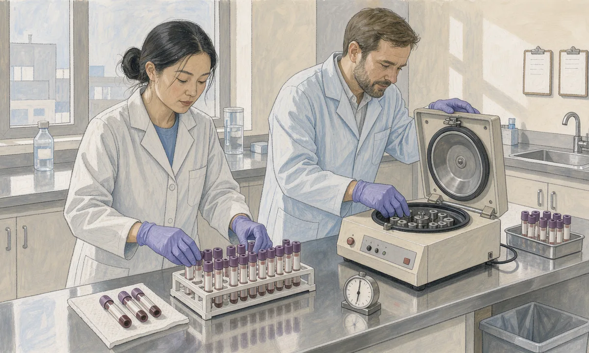 Illustration of two technicians sorting a rack of sealed blood samples beside a centrifuge