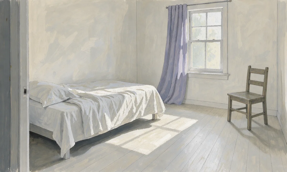 Illustrated bedroom with rumpled white linen and a muted violet curtain in morning light